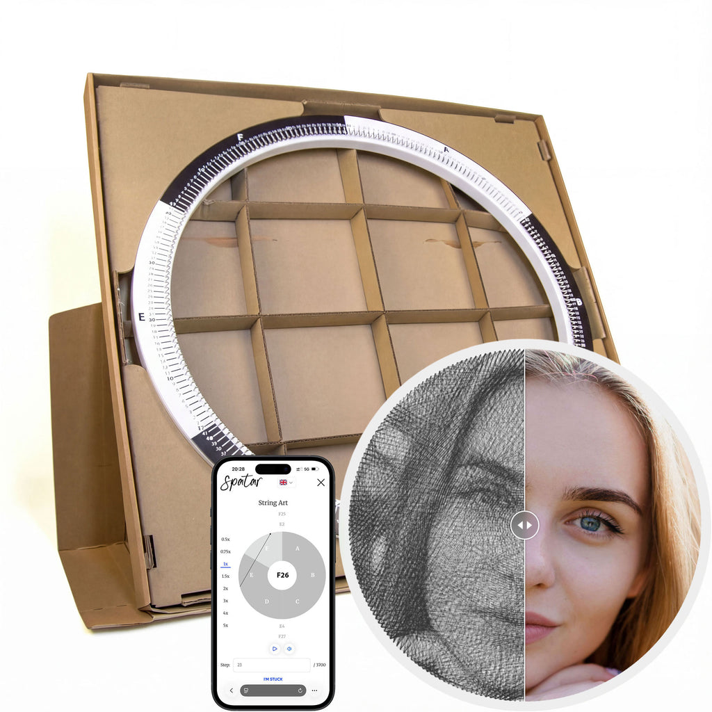 Open String Art DIY kit box showing the inner cardboard structure and ring frame area