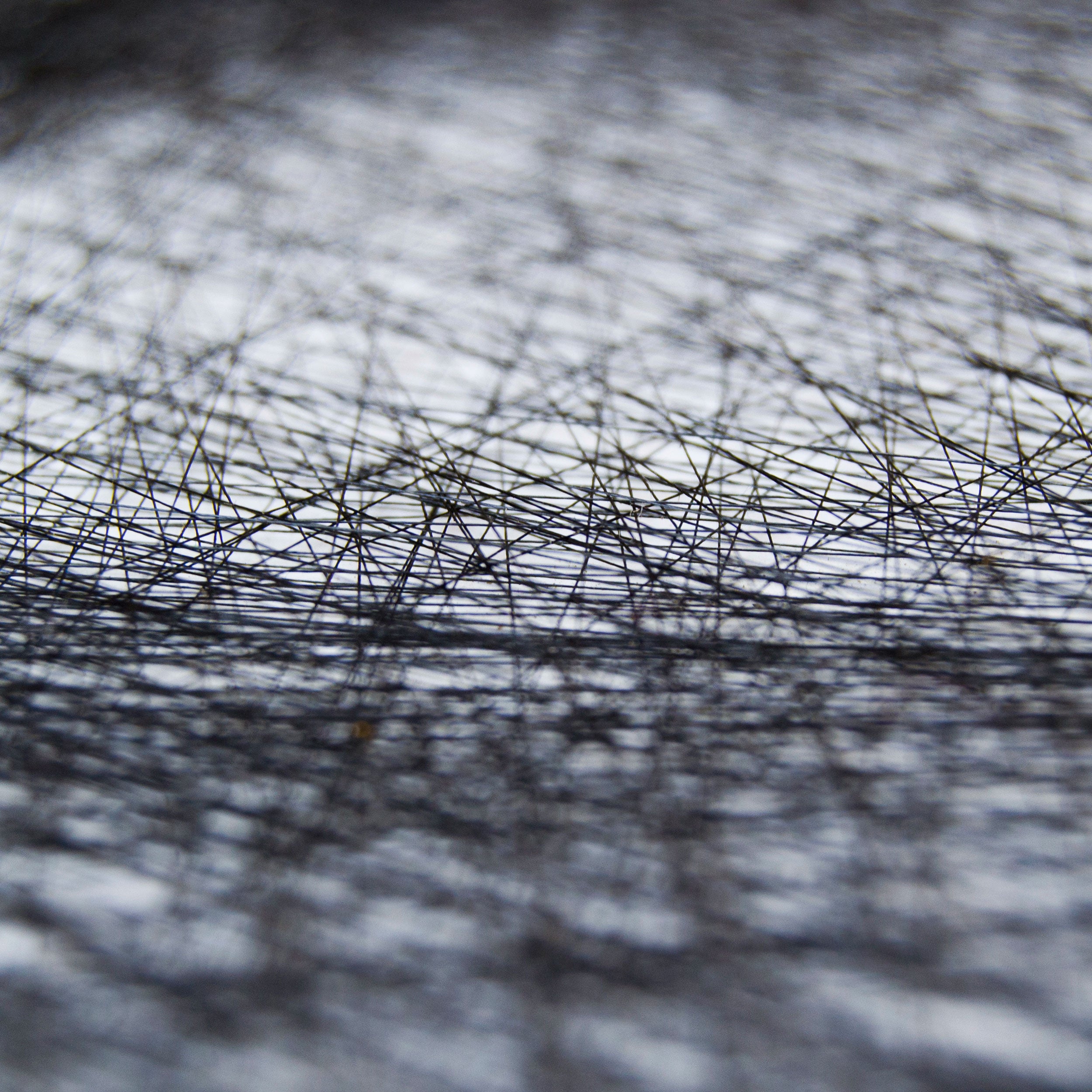 Close-up of intersecting black threads creating a detailed string art texture